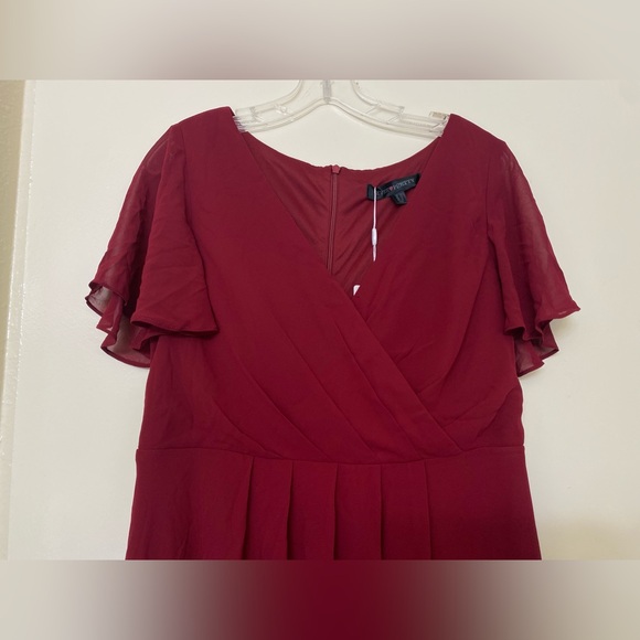 Burgundy Ruffle Sleeve Pleated V-Neck A-Line Midi Chiffon Dress - Ever Pretty - Picture 4 of 8